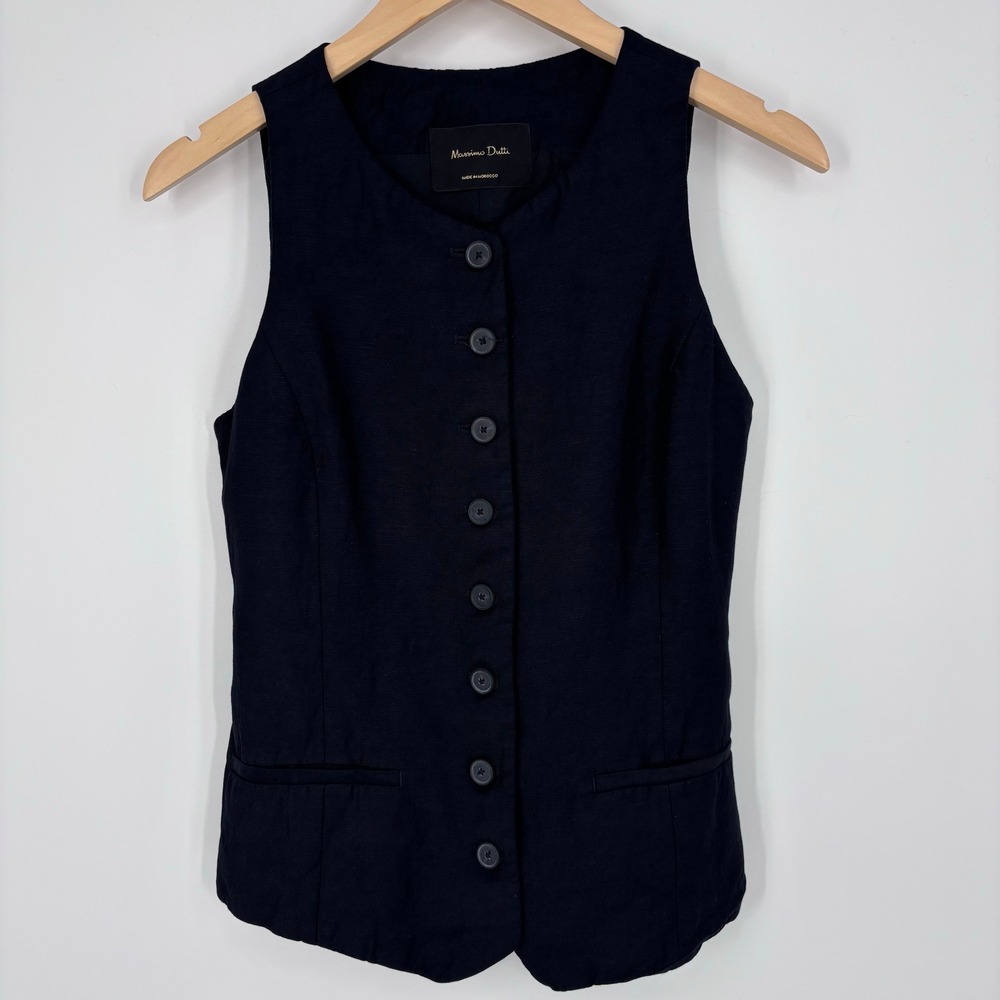 Massimo Dutti Linen Blend Button Front Waistcoat Vest Women Small Navy Tailored